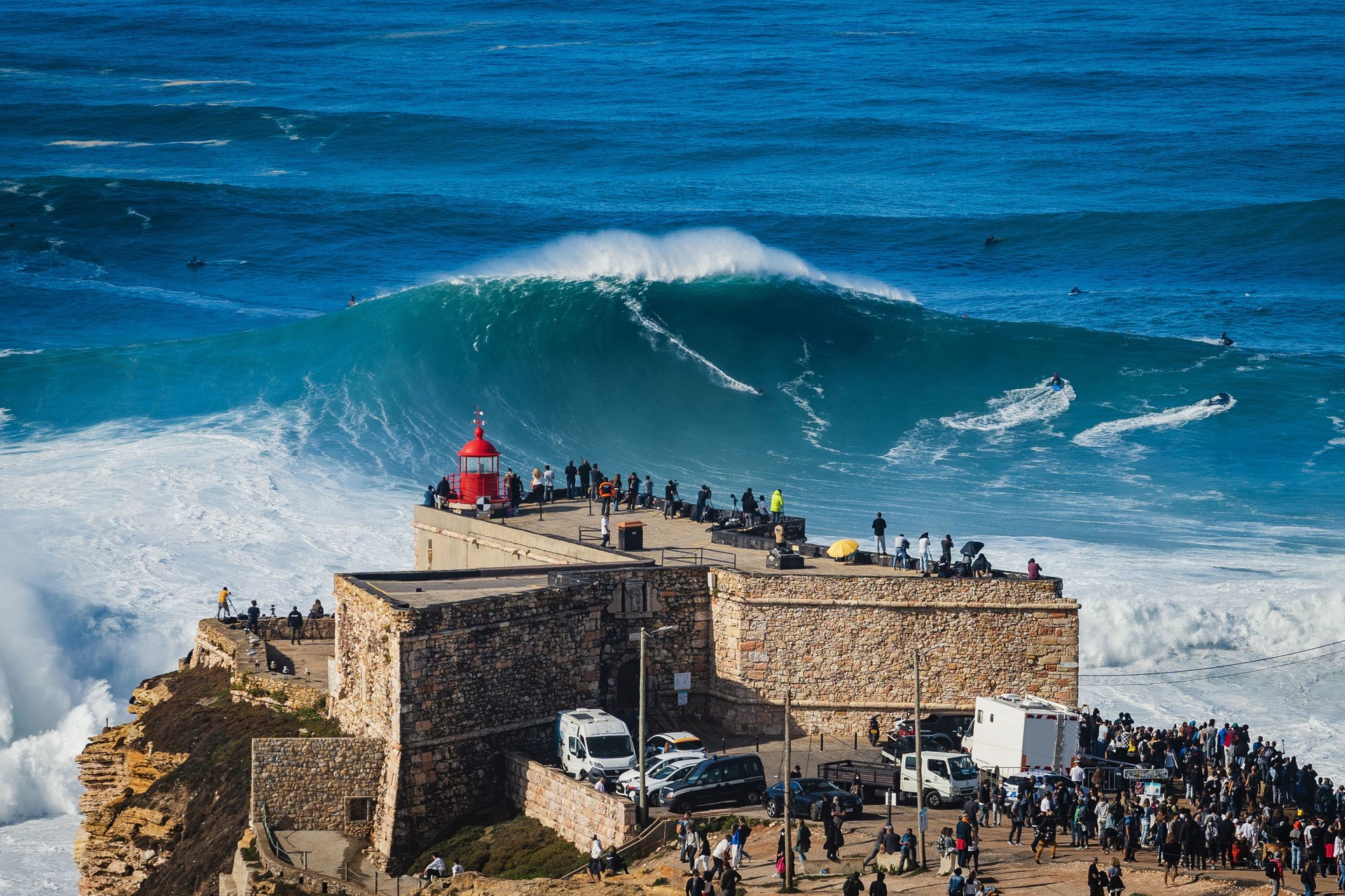 Surfer Riding Huge Wave in Nazare, Portugal, Famously Known for Having the Biggest Waves in the World.