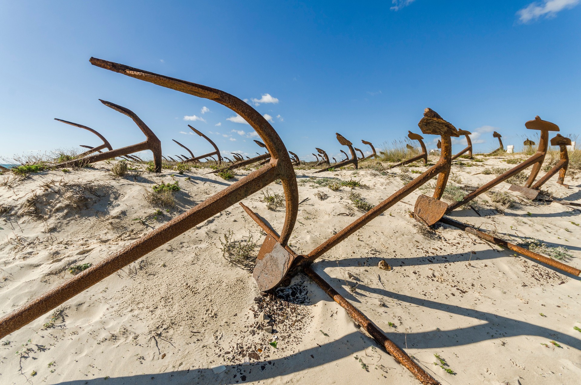 Anchor graveyard from former tuna fishing at Praia do Barril beach, Tavira, Algarve, Portugal